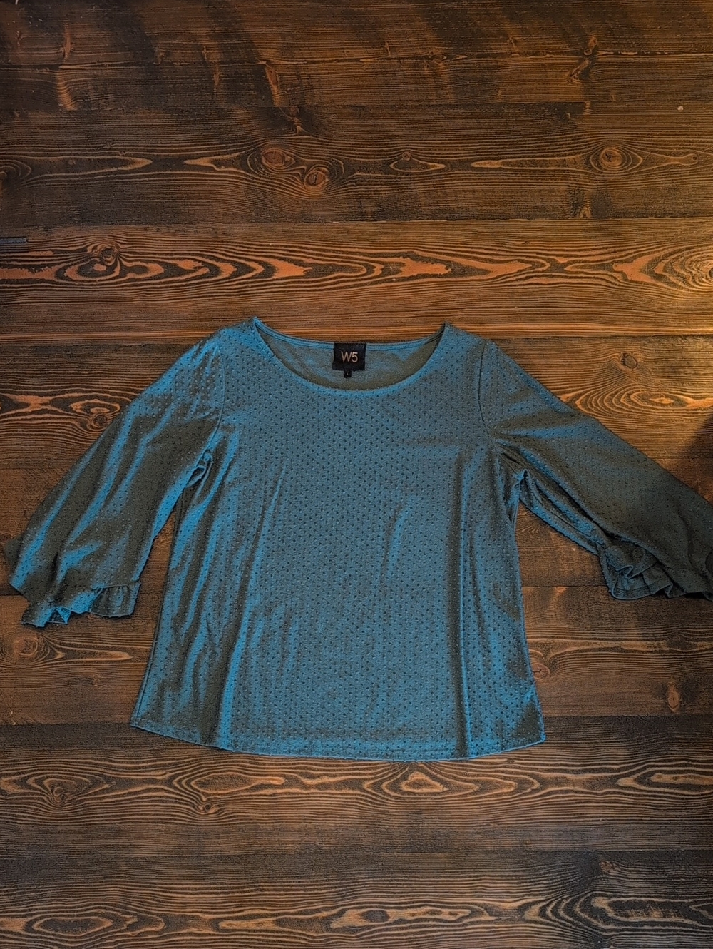 W5 Teal Dot-Textured Ruffle Sleeve Blouse